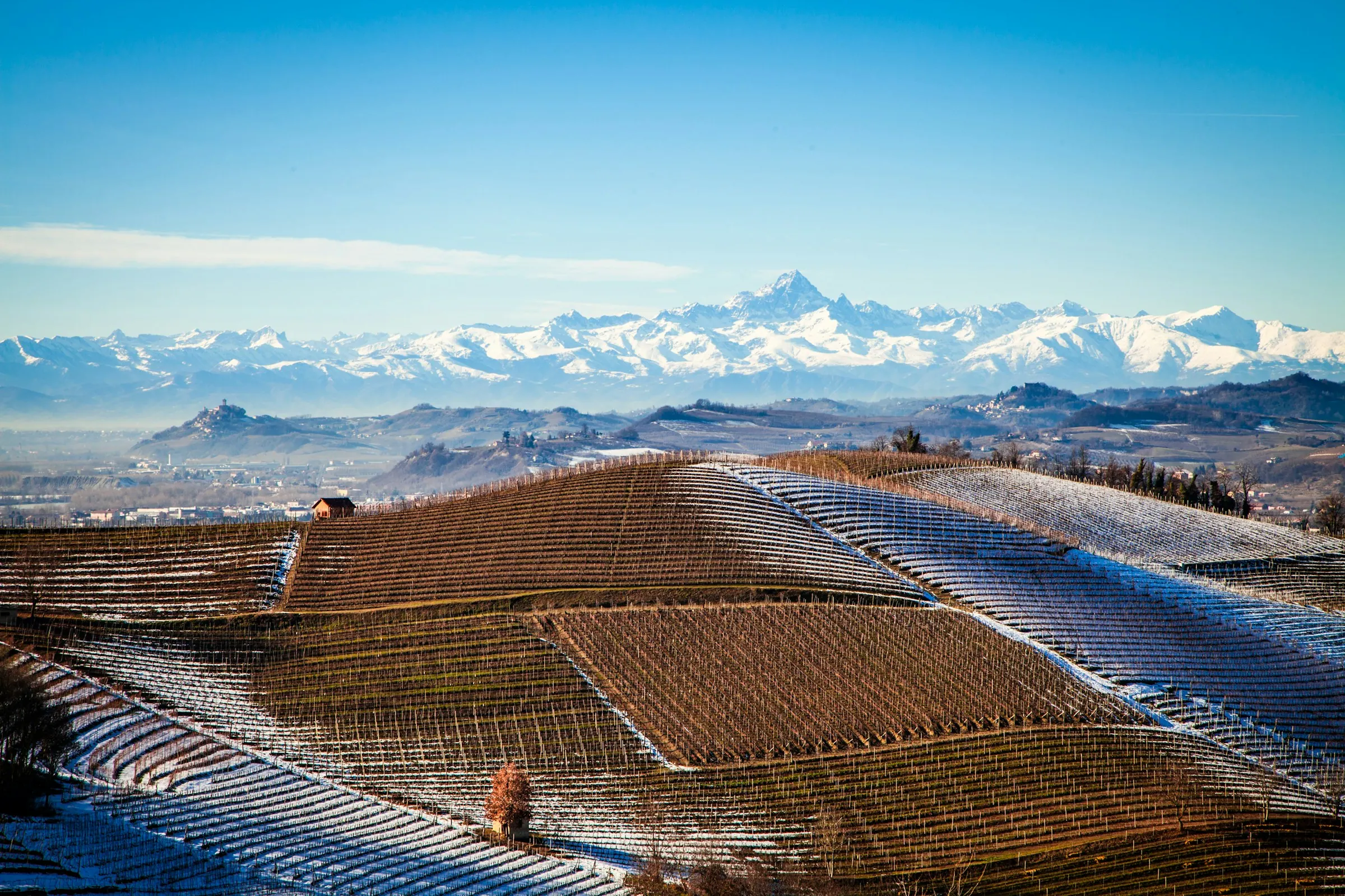 Besneeuwde Alpen achter de Piemontese daken